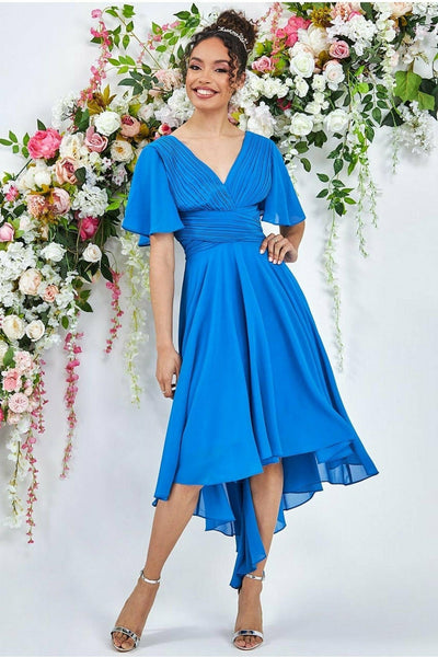 Atlantic Blue - Pleated Chiffon High Low Midi Dress - Atlantic Blue by Goddiva