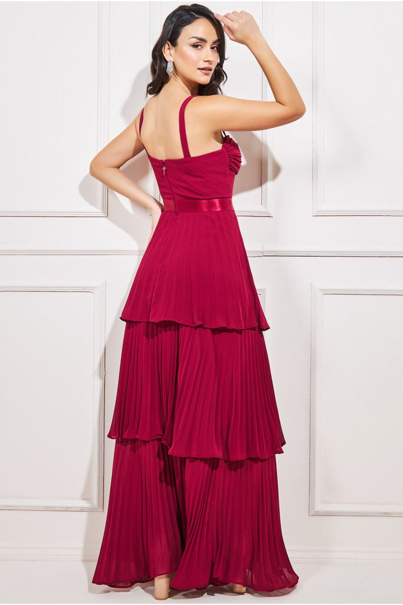 Pleated Chiffon Tiered Maxi Dress - Burgundy DR3804