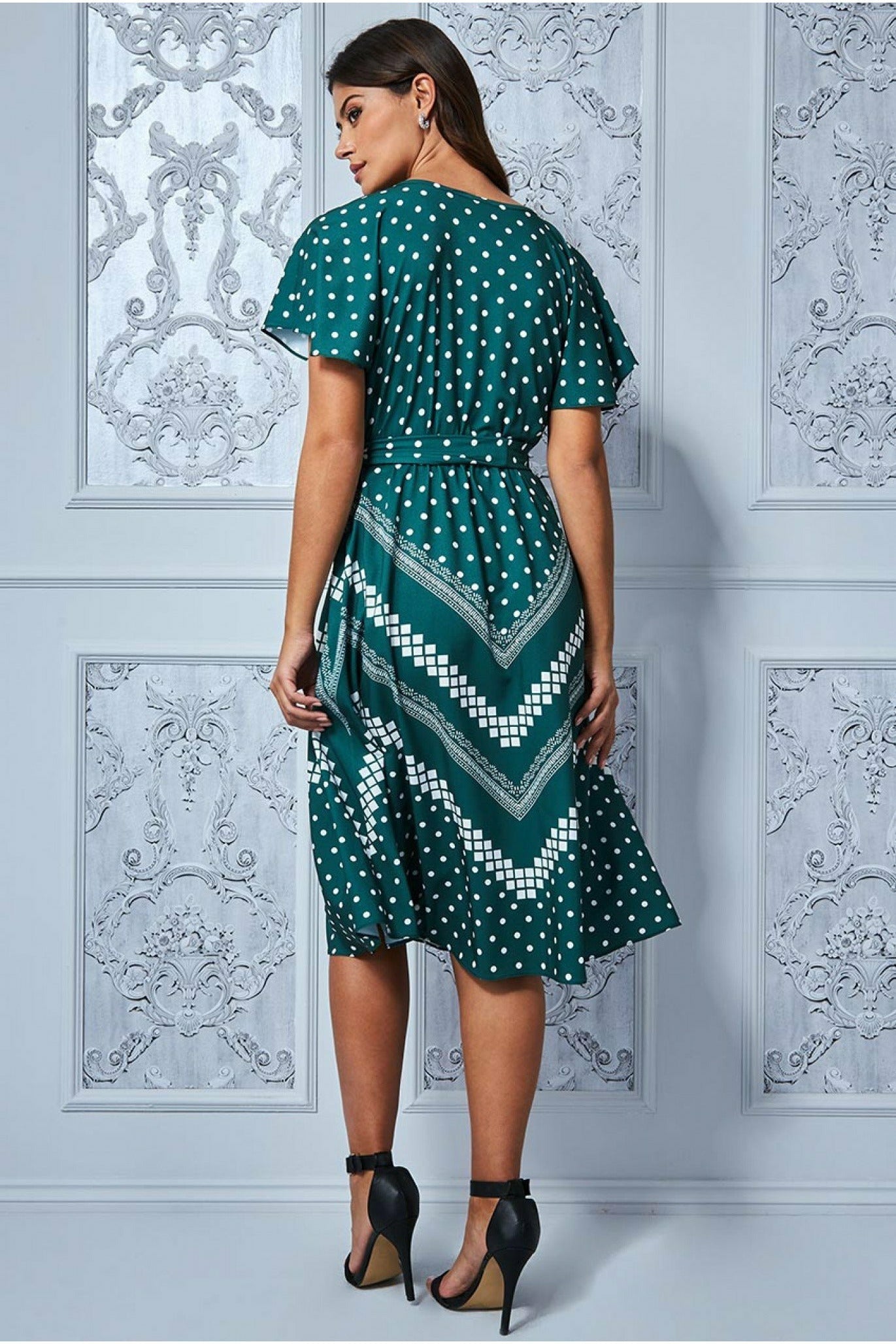 Wrap Style Flutter Sleeve Midi Dress - Emerald Green DR3415