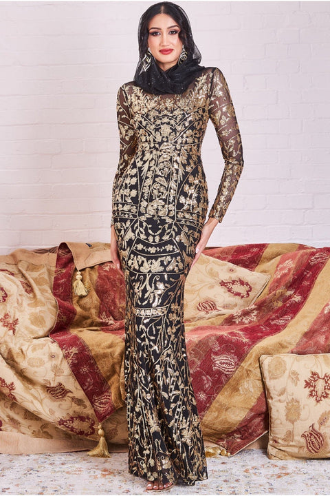 Modesty Sequin Embroidered Maxi Dress - Gold DR3277MOD