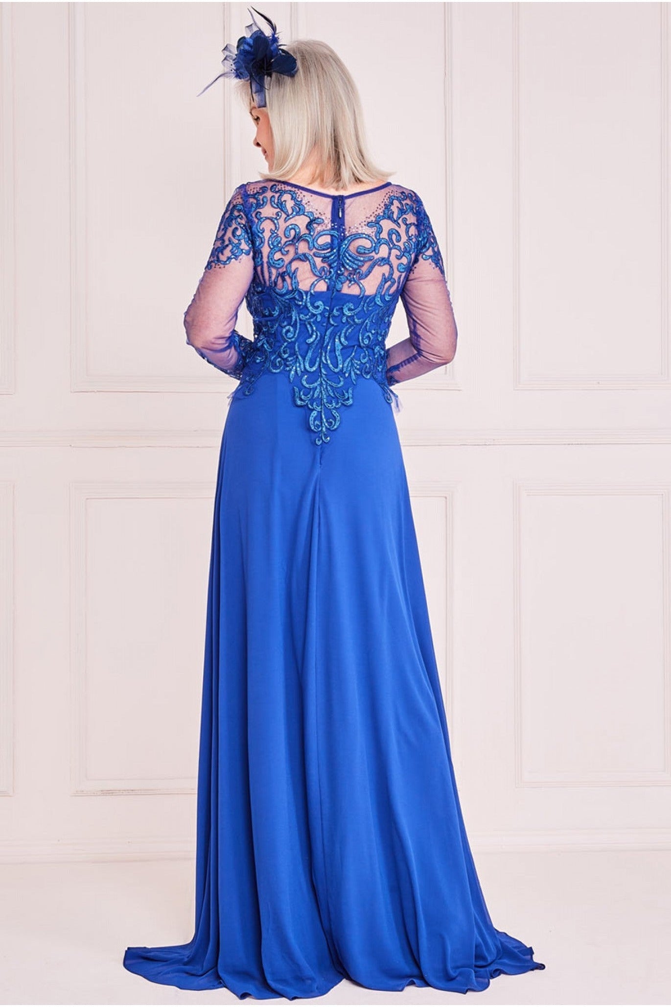 Mesh & Lace Embroidered Bodice Maxi - Royal Blue DR3260M