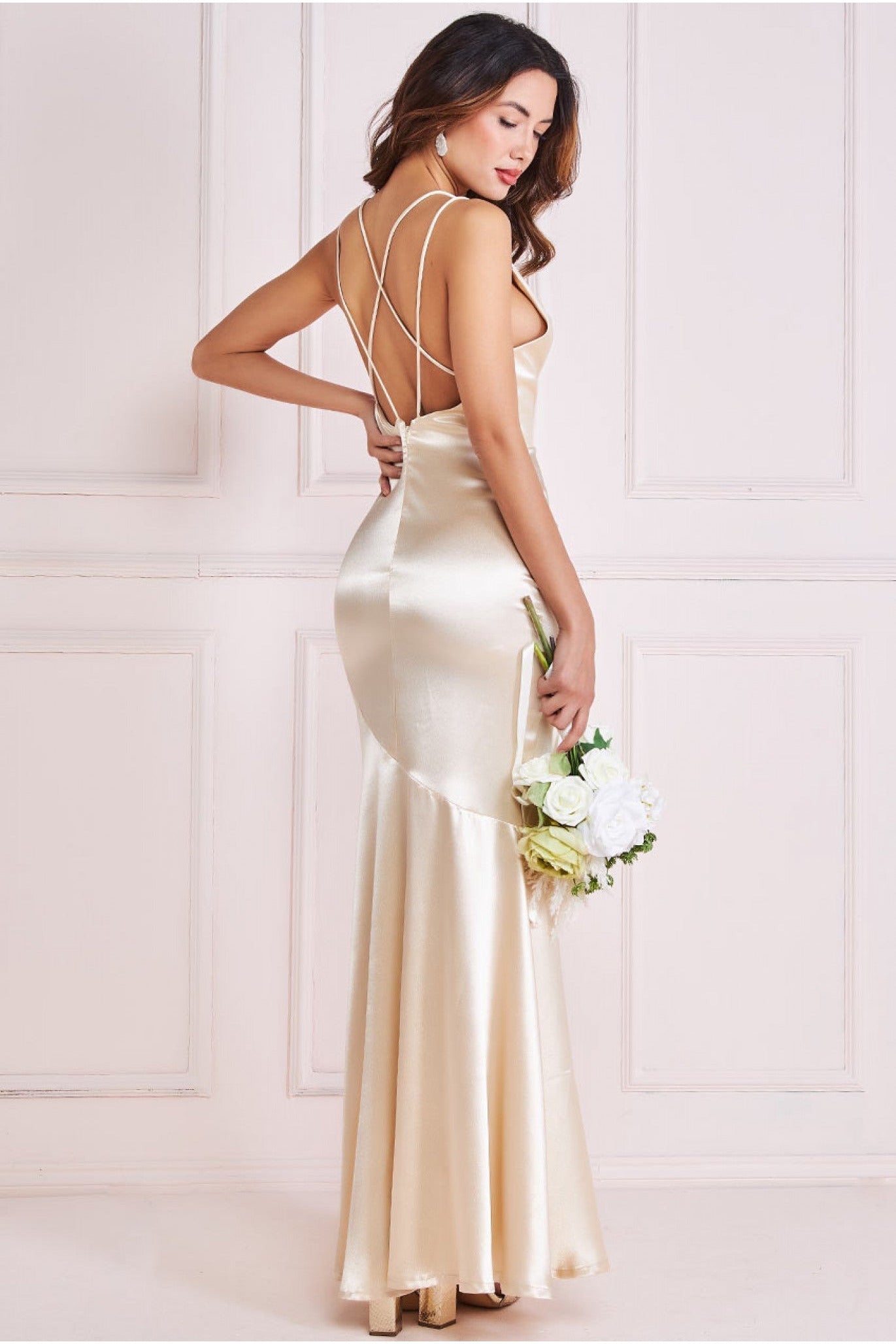 Satin Cowl Neck With Strappy Back Maxi - Champagne DR2113QZ