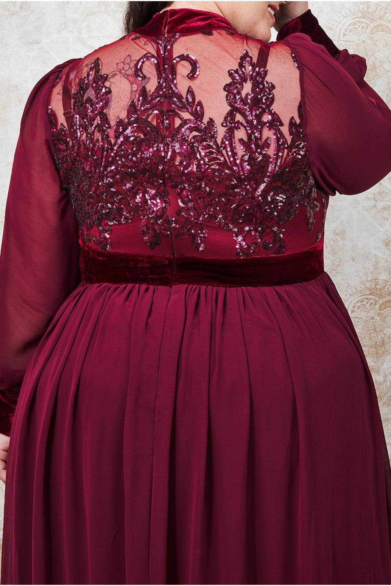 Plus Velvet Band Sequin Bodice Maxi - Wine DR3241P