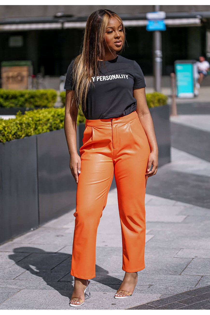 Orange Faux Leather Pants 13684
