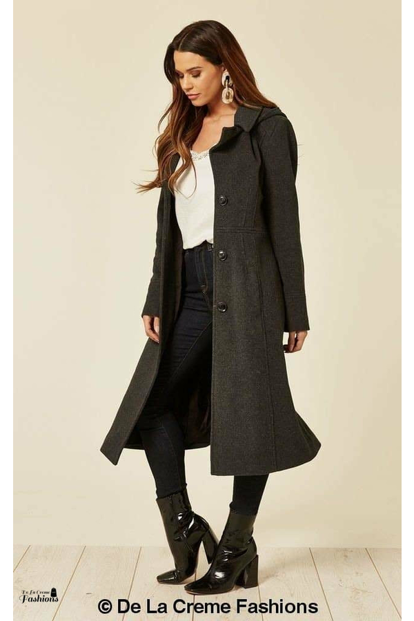 De La Creme Womens Wool Blend Hooded Mid Length Coat Goddiva