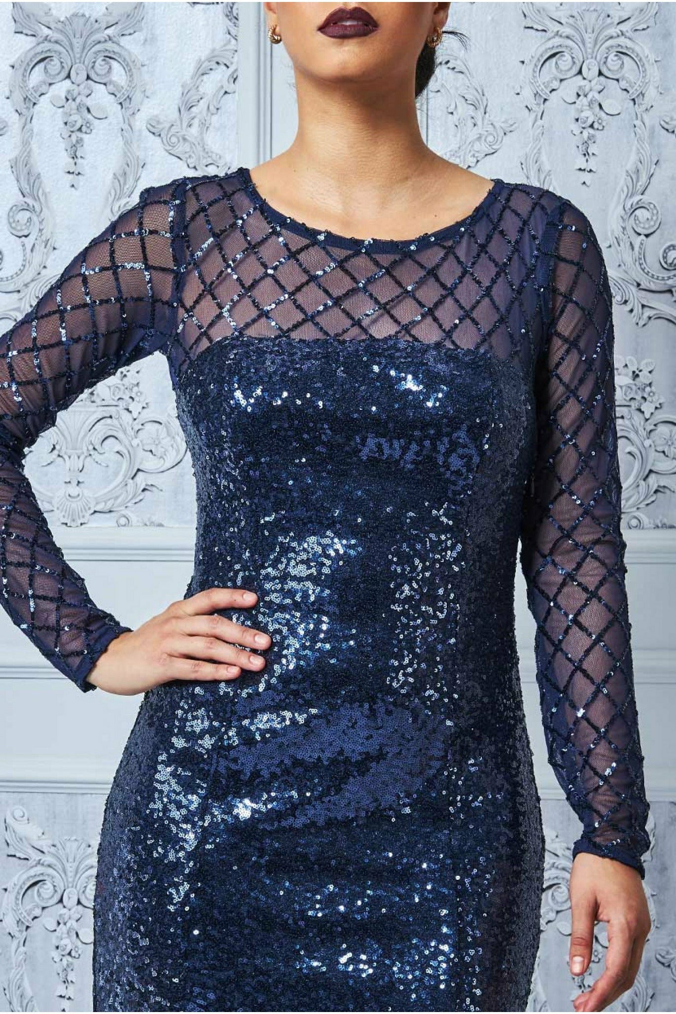 Sheer Diamond Design Sequin Maxi Dress - Navy DR2526