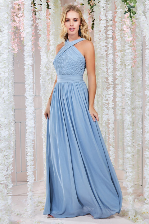 Pearls Embellished Sky Blue Satin Puffy Prom Dress