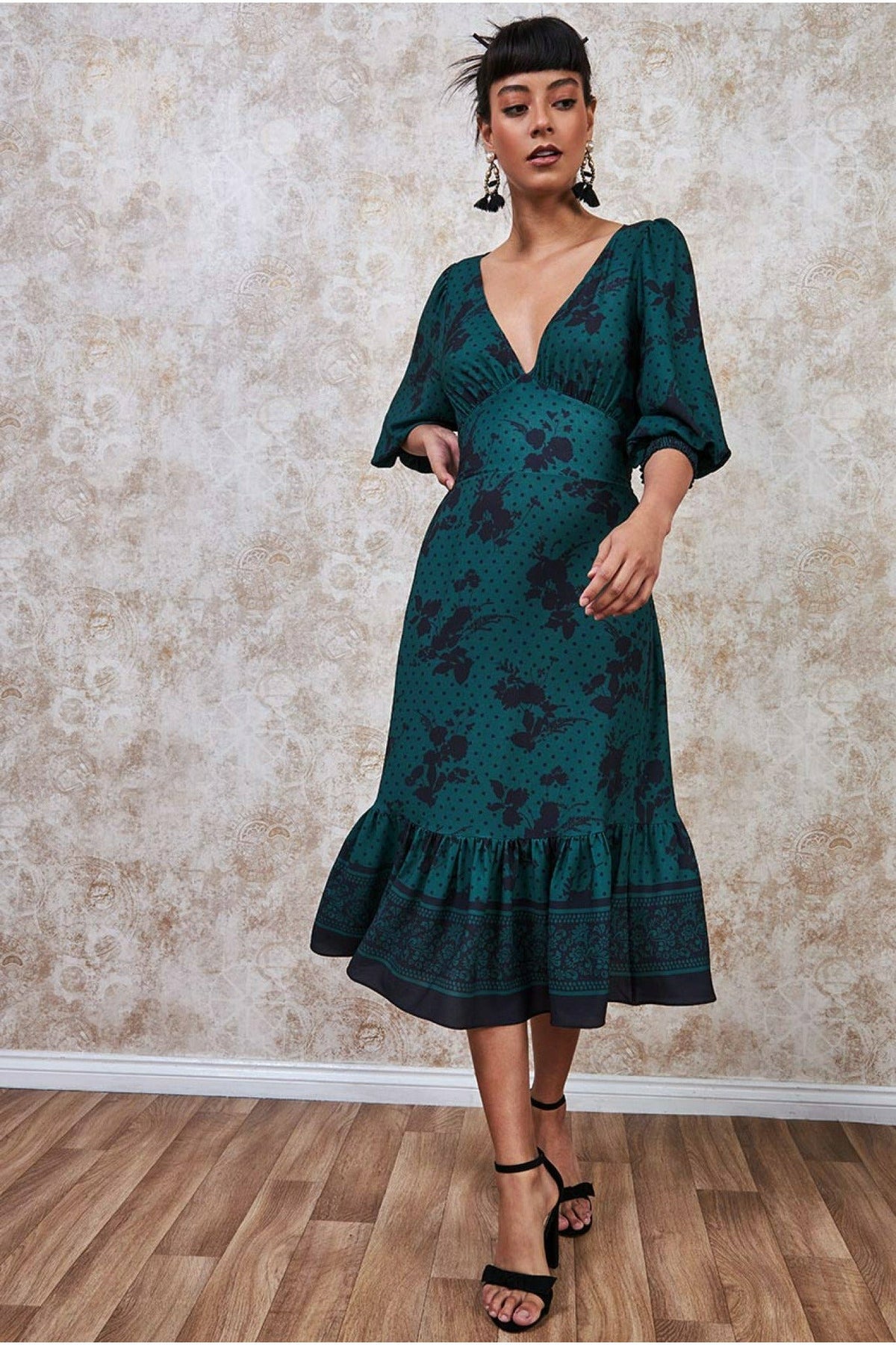 Floral Print Puff Sleeve Midi Dress - Emerald Green DR3281