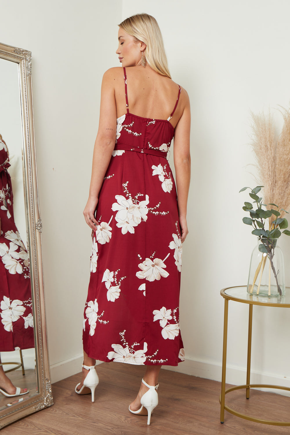 Cami Wrap Midi Dress In Red Floral Print LL2301RF