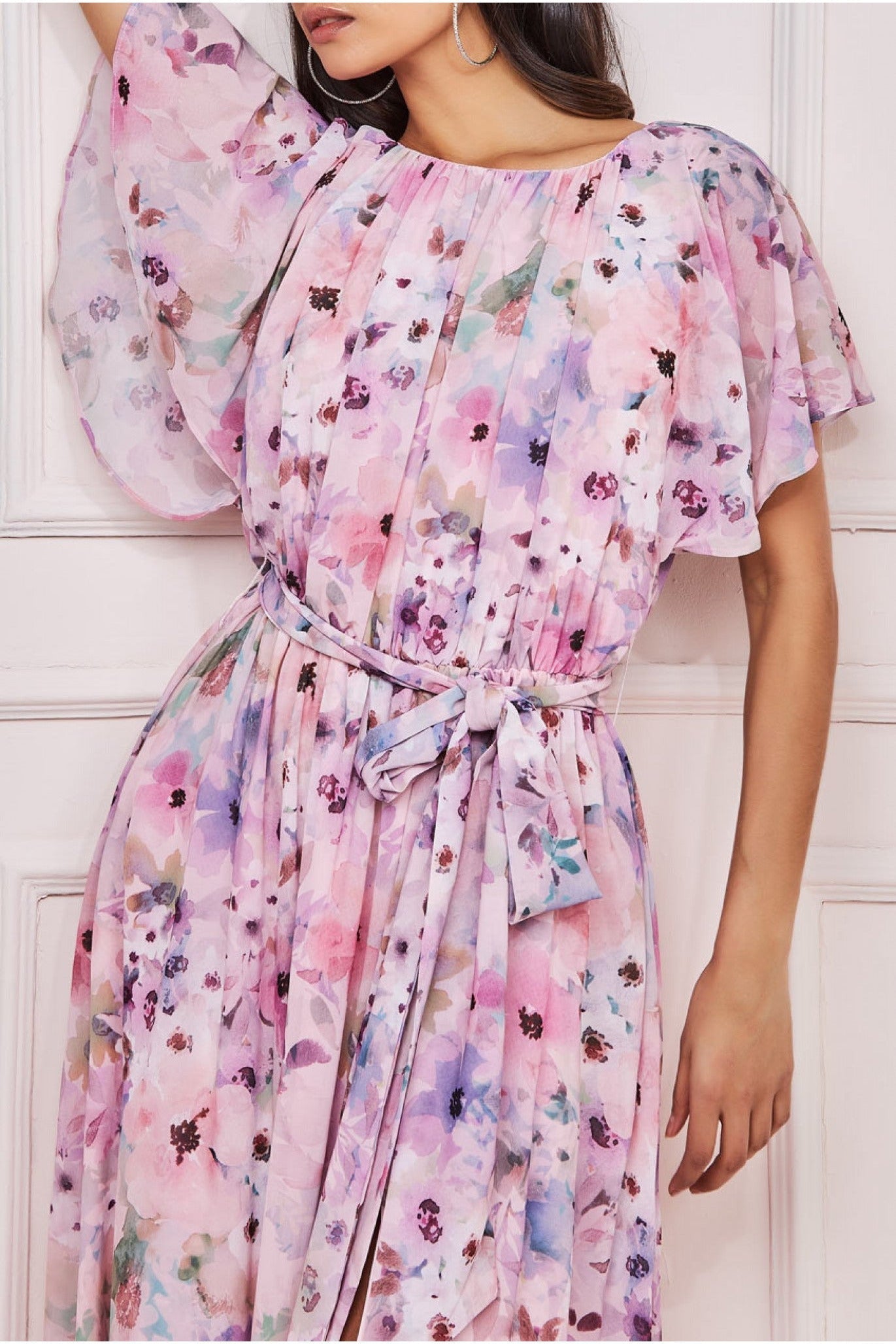Wrap Back Flutter Sleeve Maxi Dress - Pink DR3236A