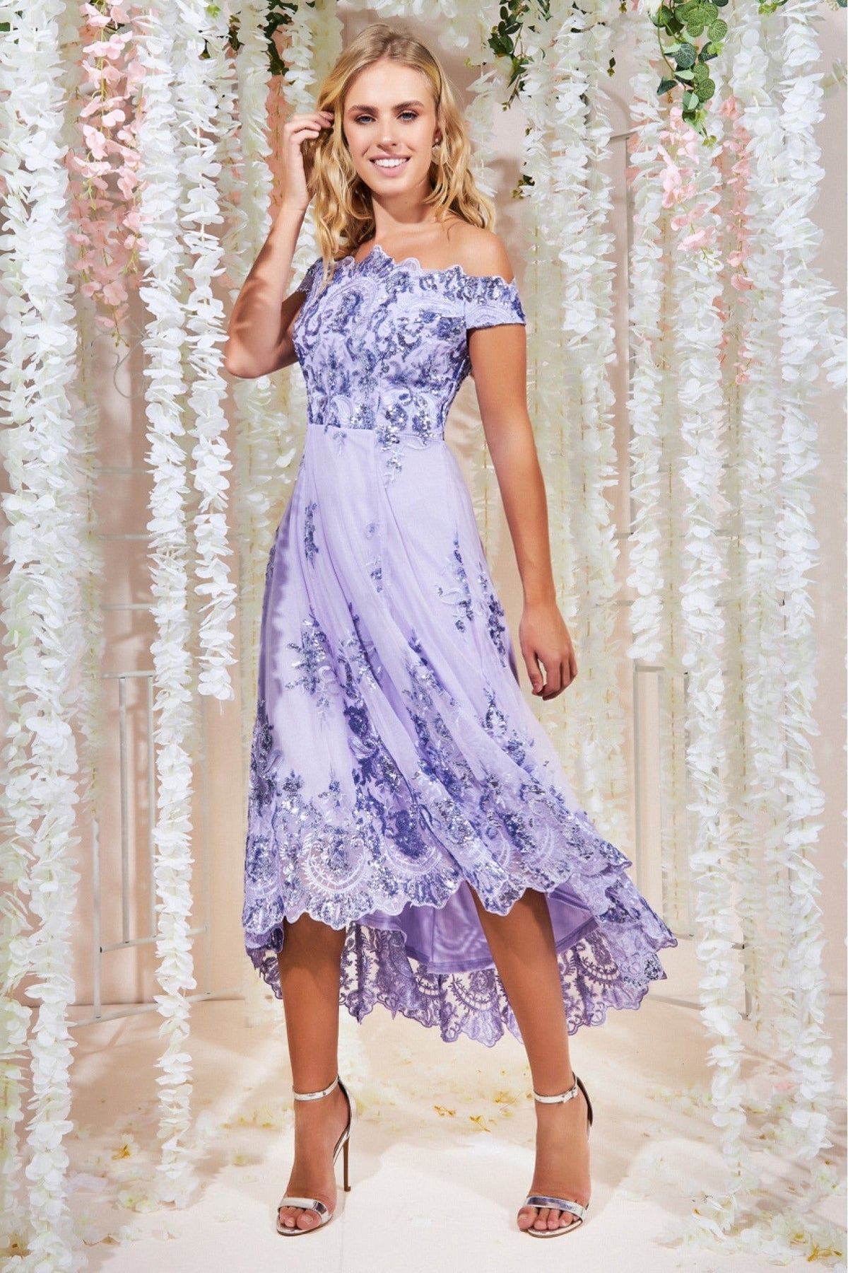 Bardot Sequin & Lace High Low Midi - Lilac DR3675