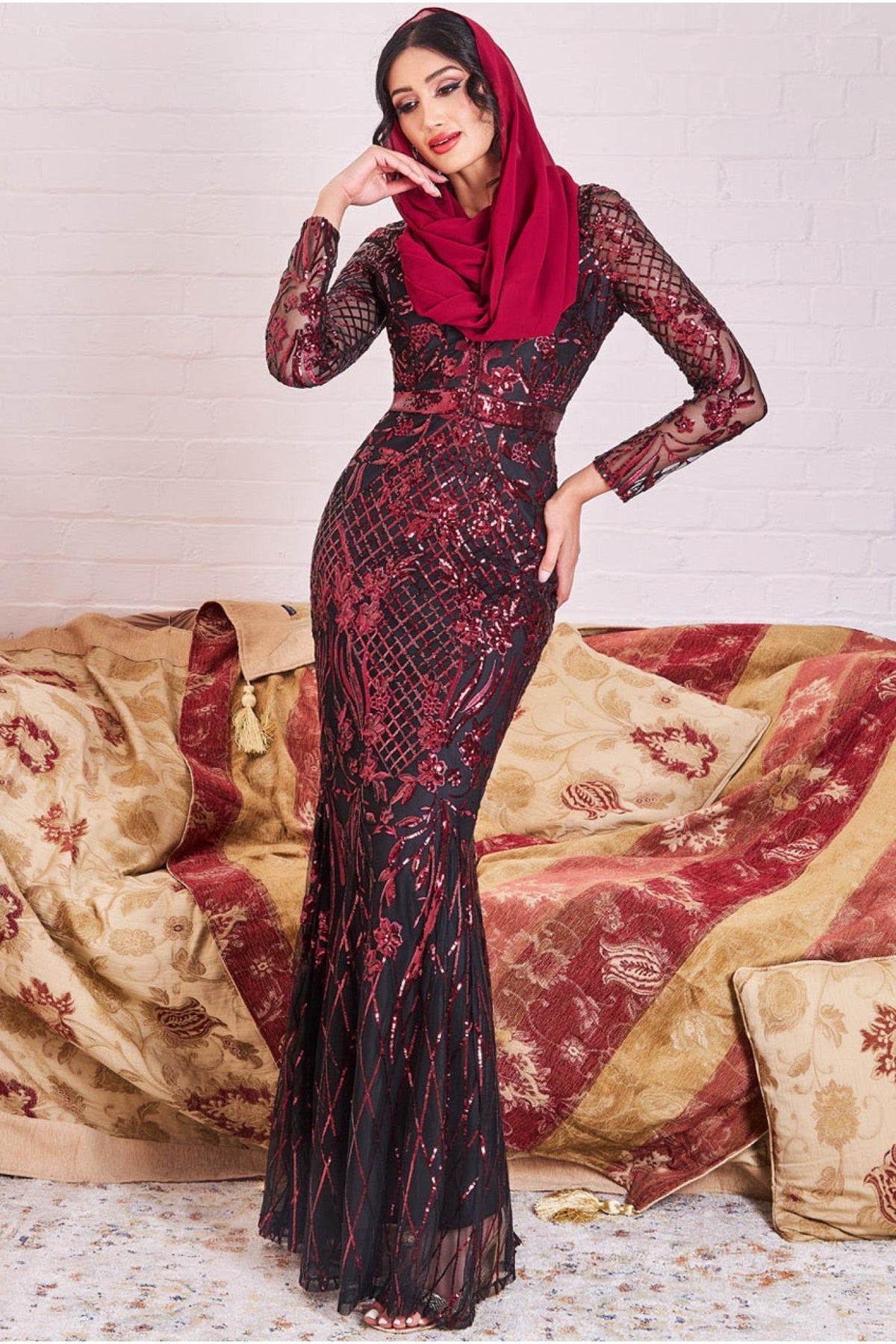Modesty Sequin Evening Maxi Dress - Wine DR3196MOD