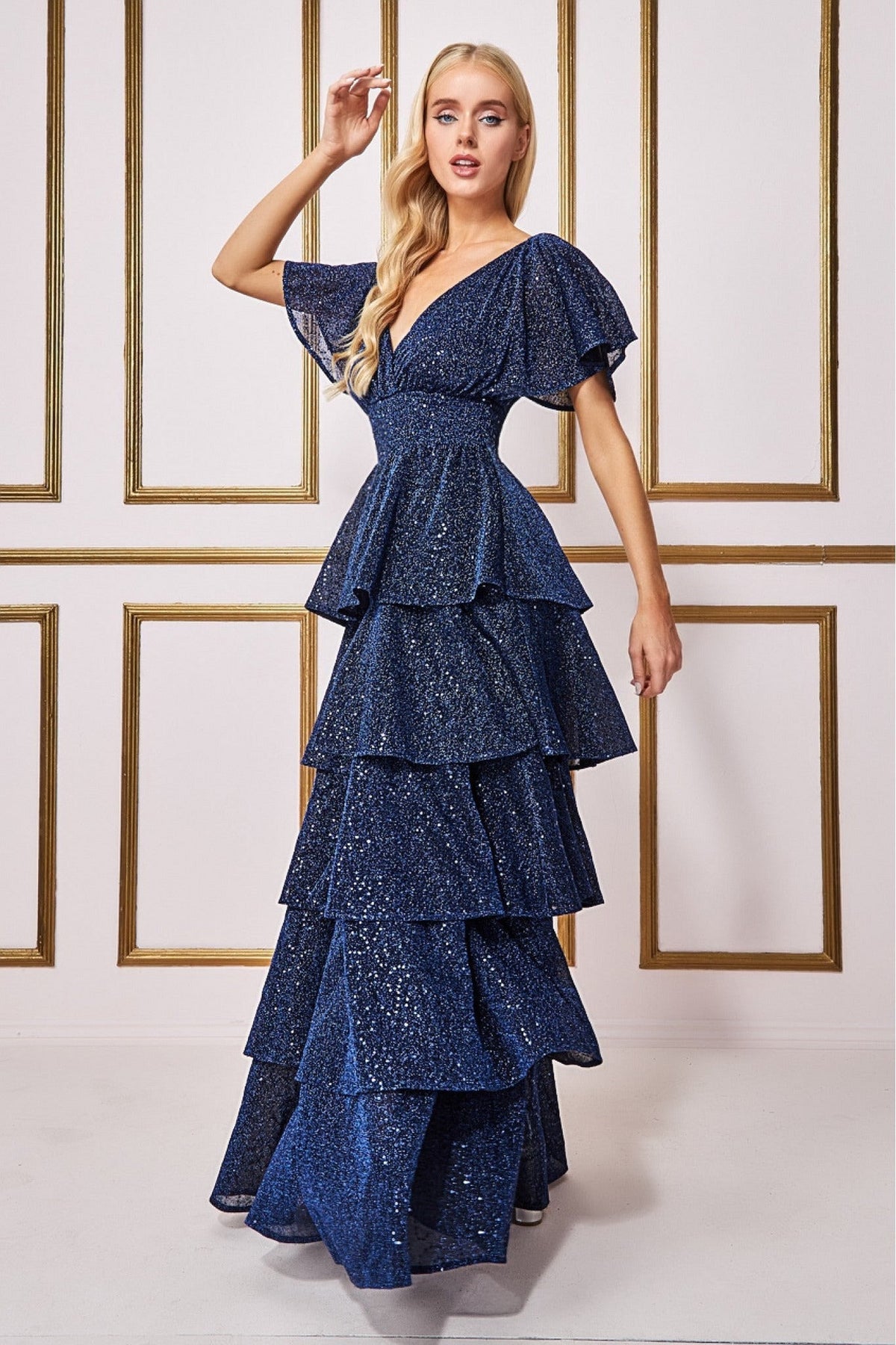 Sequin Lurex Tiered Maxi Dress - Navy DR3657