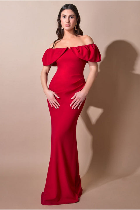 Scuba Crepe Pleated Bardot Maxi - Red DR3959