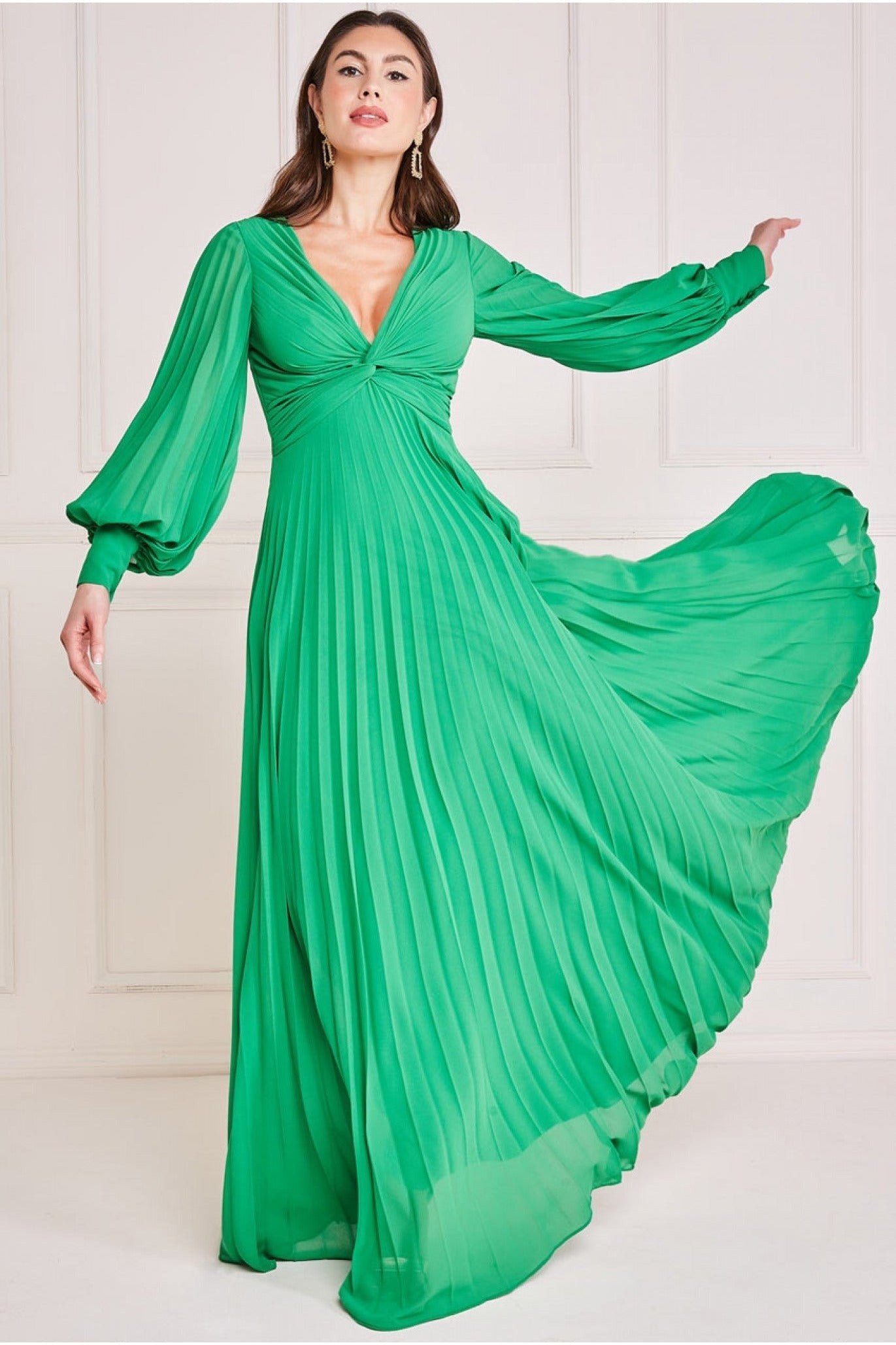 Fully Pleated Chiffon Maxi Dress - Green DR3593