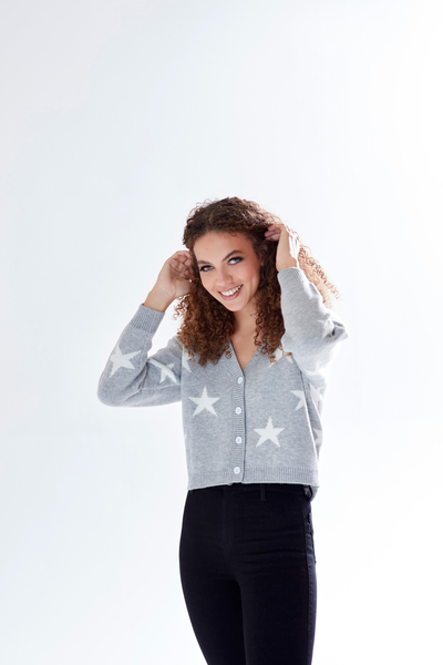 Grey - Star Pattern V-neck Button Down Cardigan Grey by Liquorish