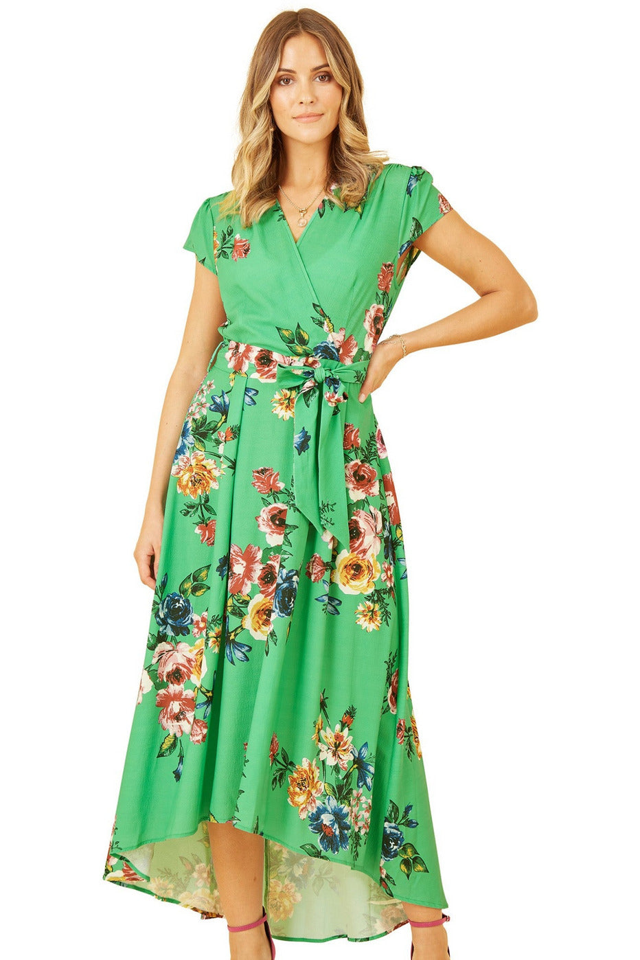 Mela London Green Bright Floral Dip Hem Wrap Midi Dress – Goddiva