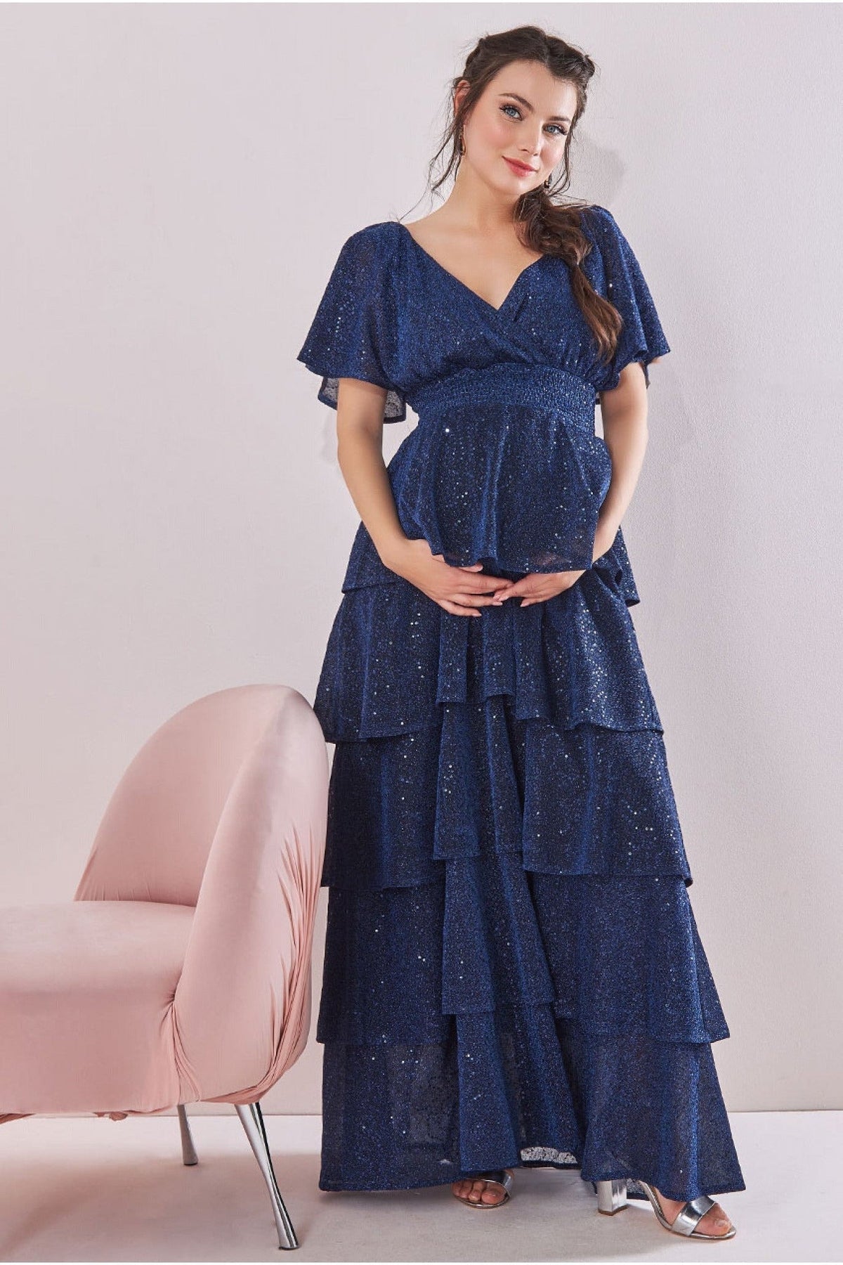 Maternity Sequin Lurex Tiered Maxi Navy DR3657MAT