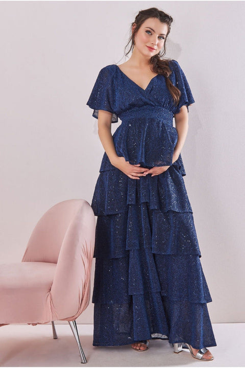 Maternity Sequin Lurex Tiered Maxi Navy DR3657MAT