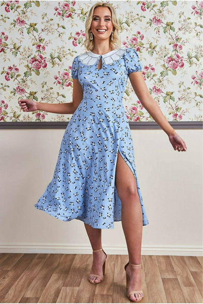 Powder Blue - Printed Midi With Front Split - Powder Blue by Goddiva