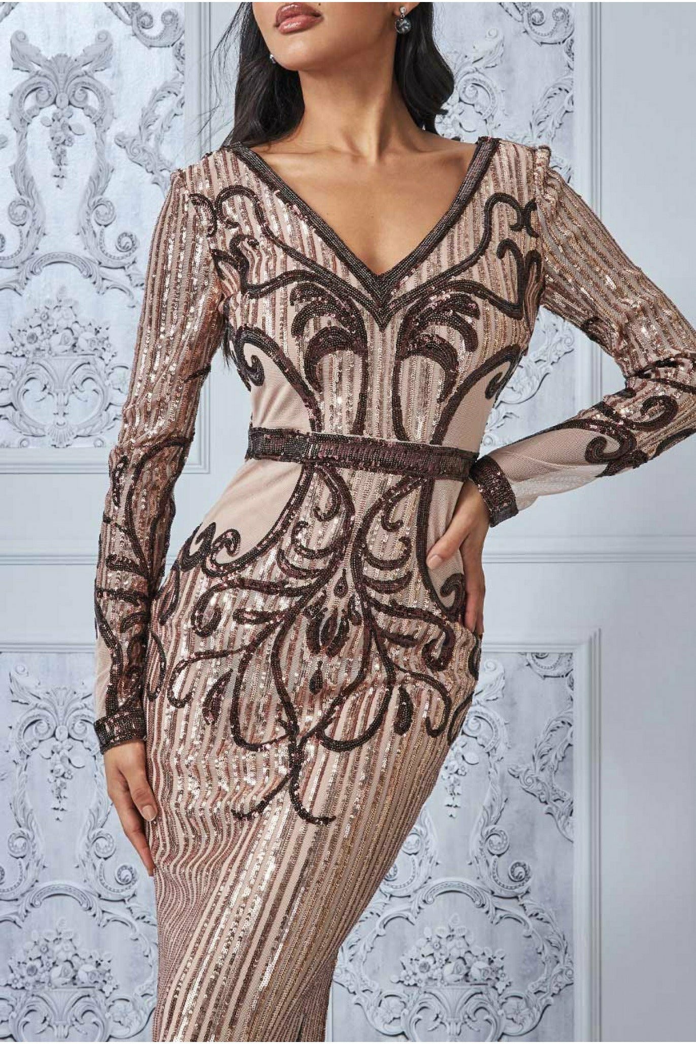 Sequin & Mesh Embroidered Maxi - Champagne DR3235