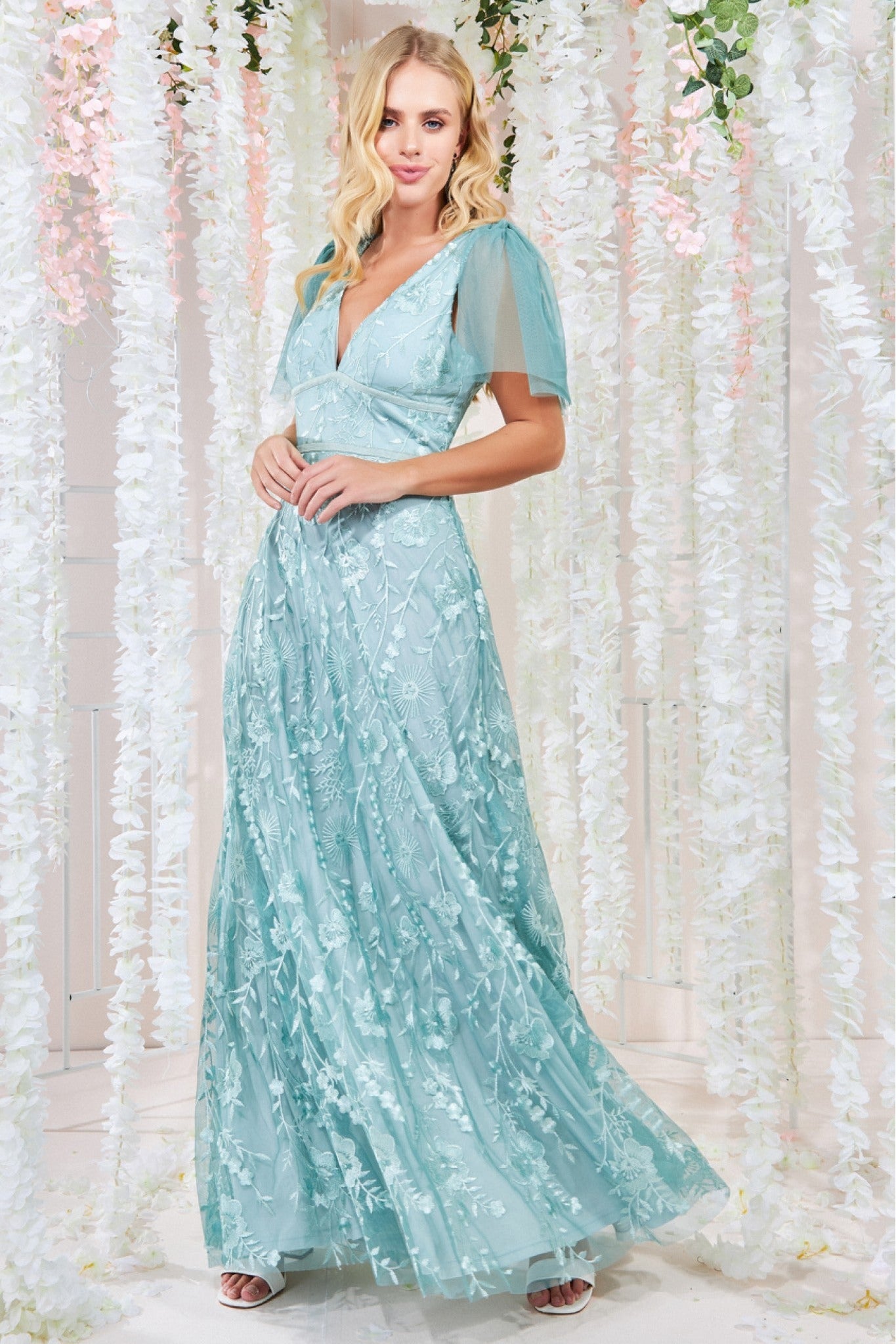 Embroidered Lace Maxi Flutter Sleeves - Sage Green DR3255