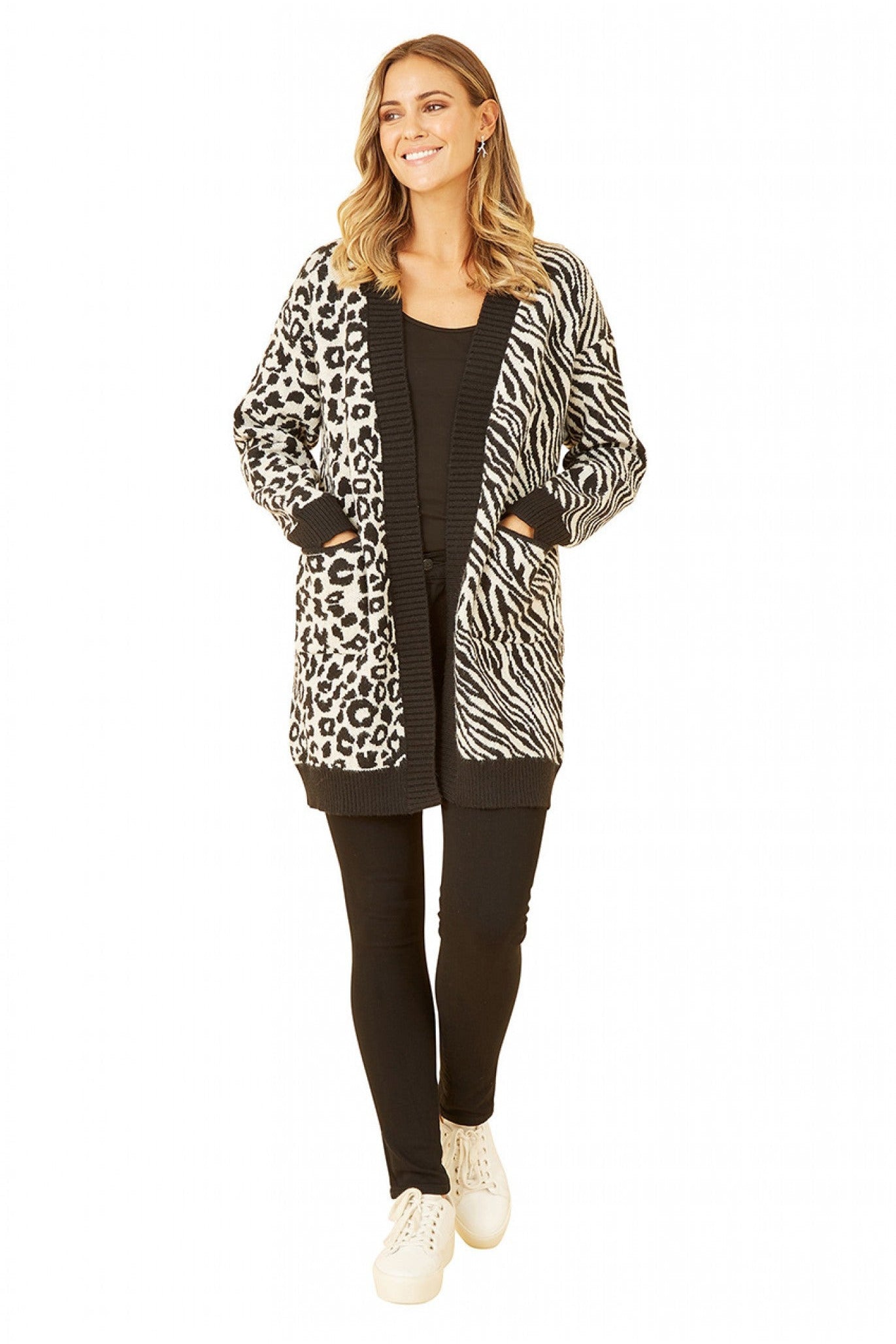Black Zebra And Leopard Print Knitted Intarsia Cardigan YM3889A018