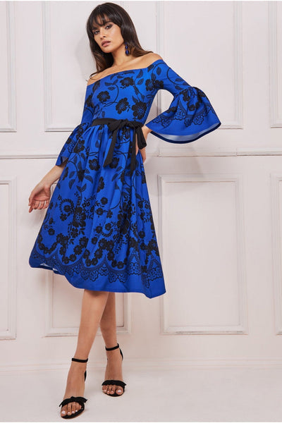 Royal Blue - Printed Off The Shoulder Midi Dress - Royalblue by Goddiva