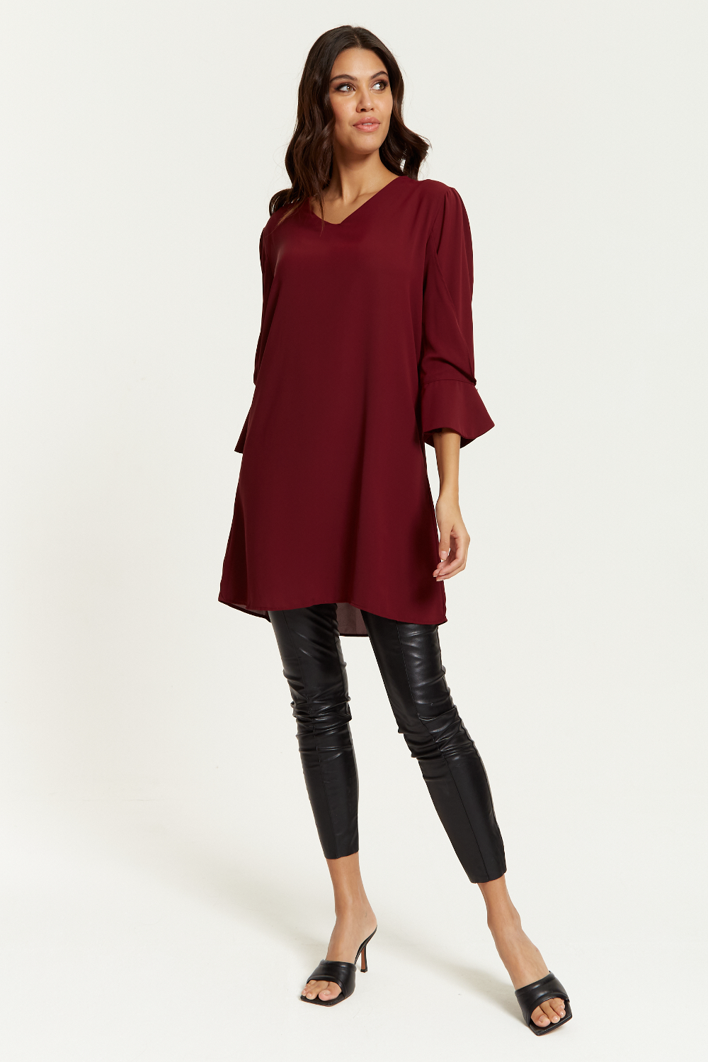 Oversized Detailed Sleeves V Neck Tunic in Burgundy GLR FASHION NETWORKING
