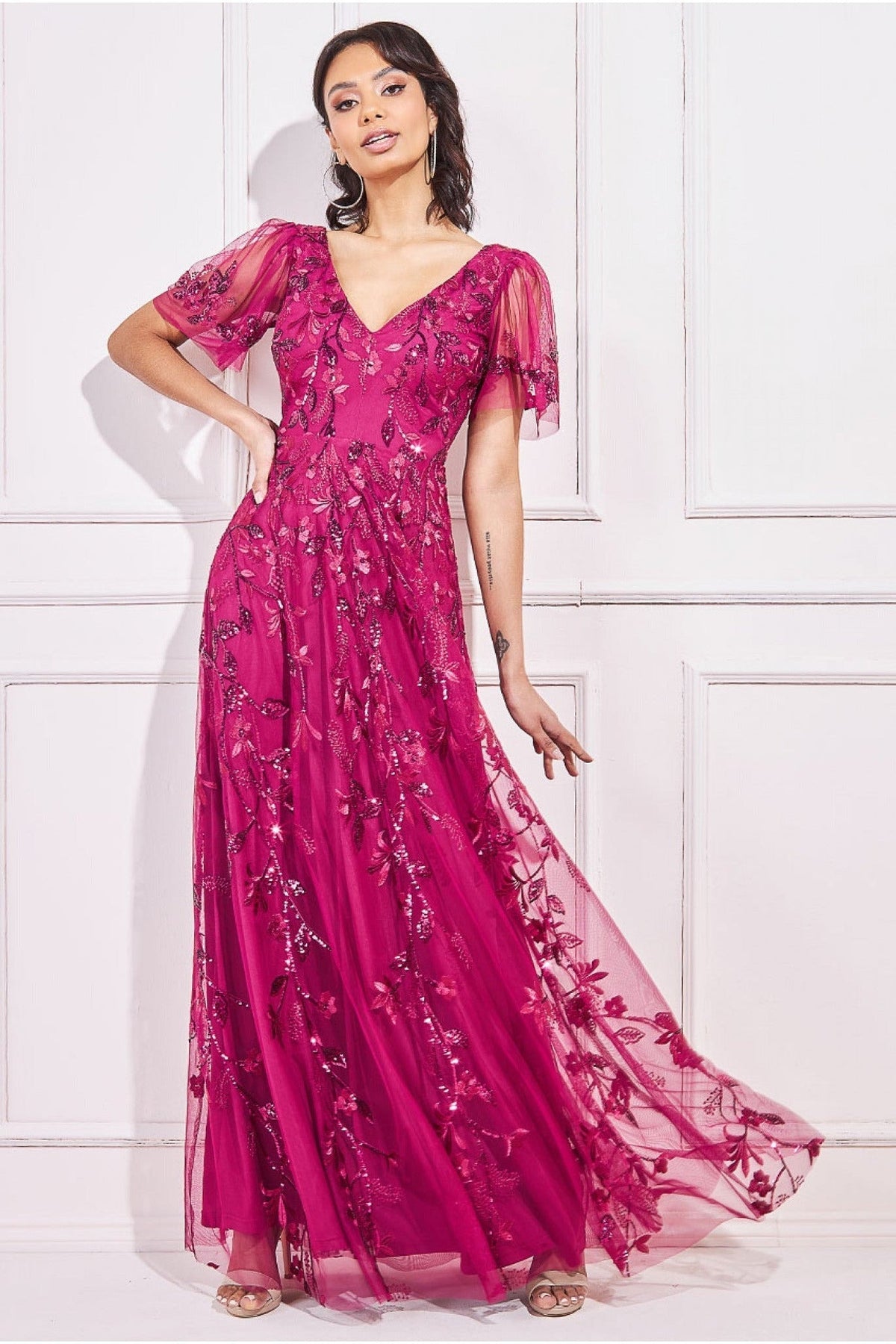 Flared Sleeve Embroidered Maxi Dress - Magenta DR3279A
