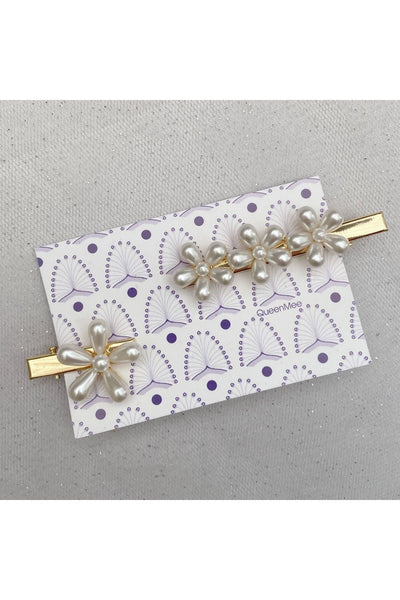 Gold - Pearl Hair Grips Flower Hair Clips Gold Crocodile Hair Clips Set Of 2 by QueenMee Accessories