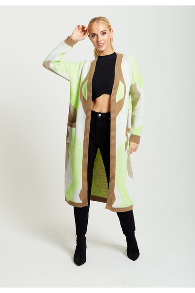 Multicolour - Longline Cardigan In Brown, Green And White by Liquorish