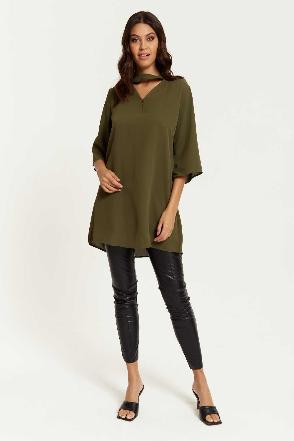 Oversized Detailed Neckline Tunic with 3/4 Sleeves in Khaki GLR FASHION NETWORKING