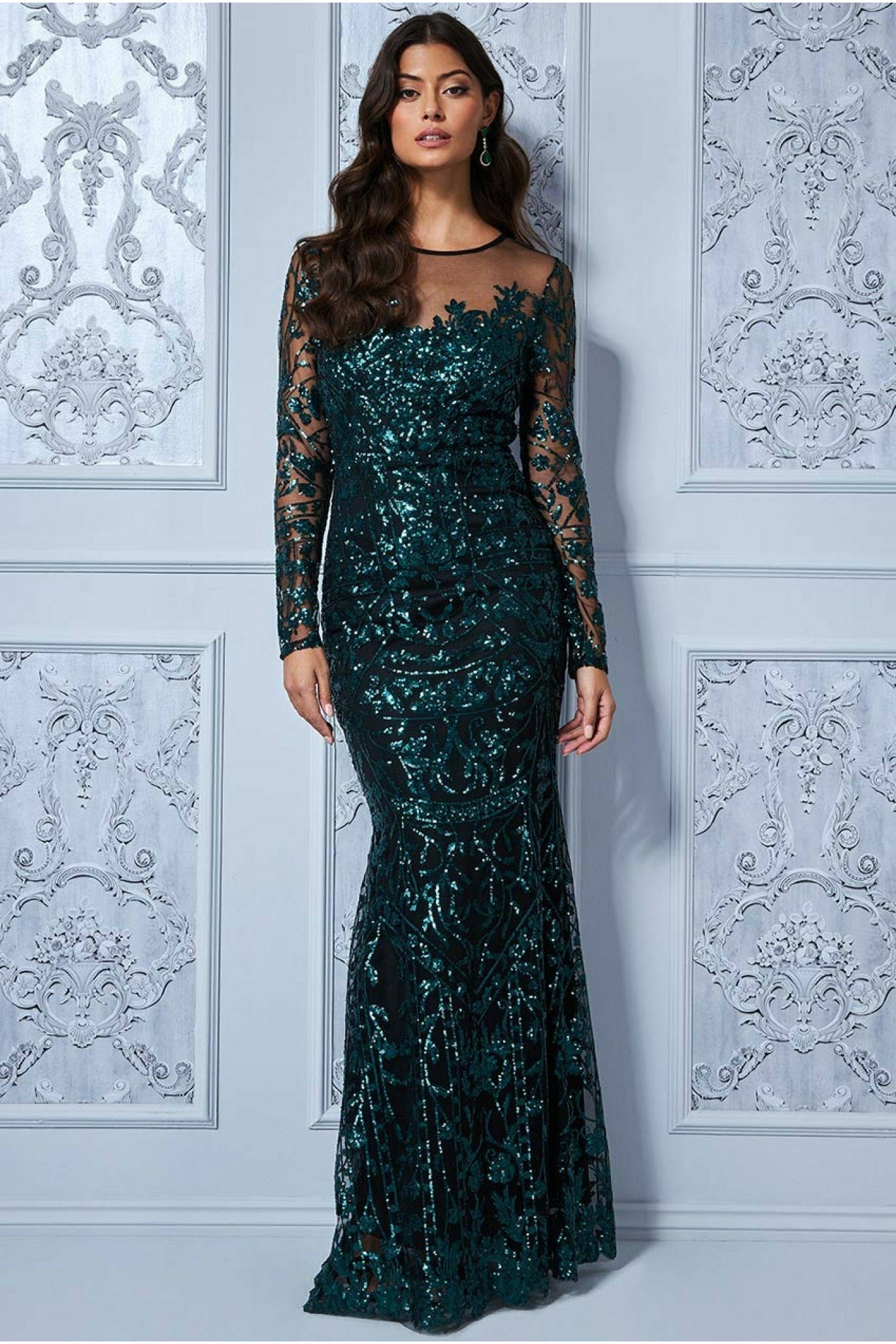 Sequin Mesh Embroidered Maxi - Emerald Green DR3277