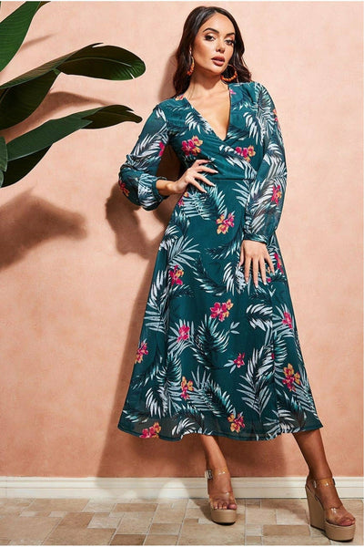 Green - Floral Print Wrap Midi Dress - Green by City Goddess