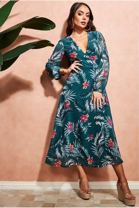 Floral Print Wrap Midi Dress - Green | Goddiva Floral Print Wrap Midi Dress - Green | Goddiva