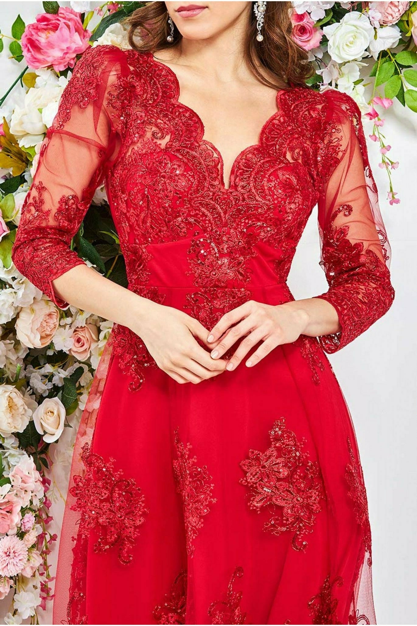 Scalloped Lace High Low Midi Dress - Red DR3410