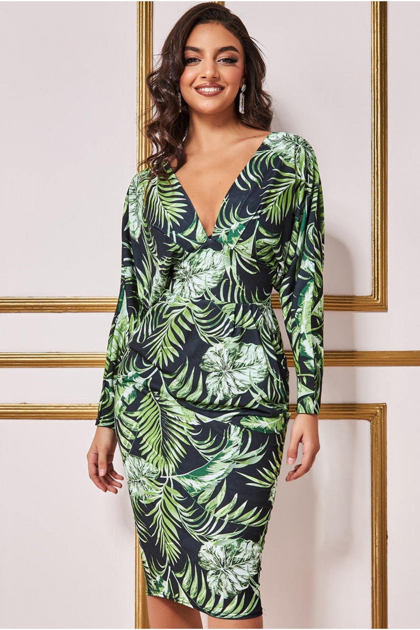 Tropical Print Midi With Batwing Sleeves - Green DR3662