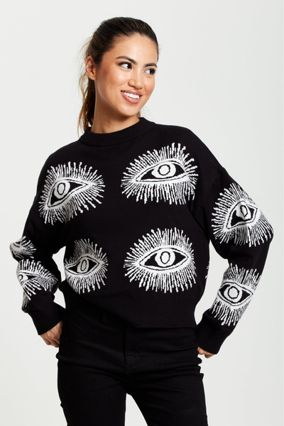 Black - Eye Pattern Jumper In Black by Liquorish