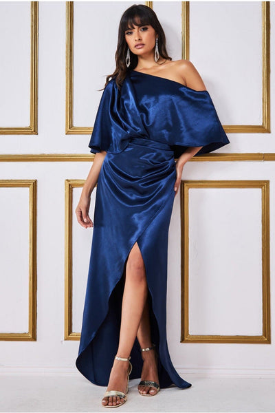 Navy - Satin Drape Shoulder Wrap Maxi Dress - Navy by Goddiva