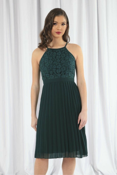 Green Halter Neck Pleated Lace Dress by Double Second