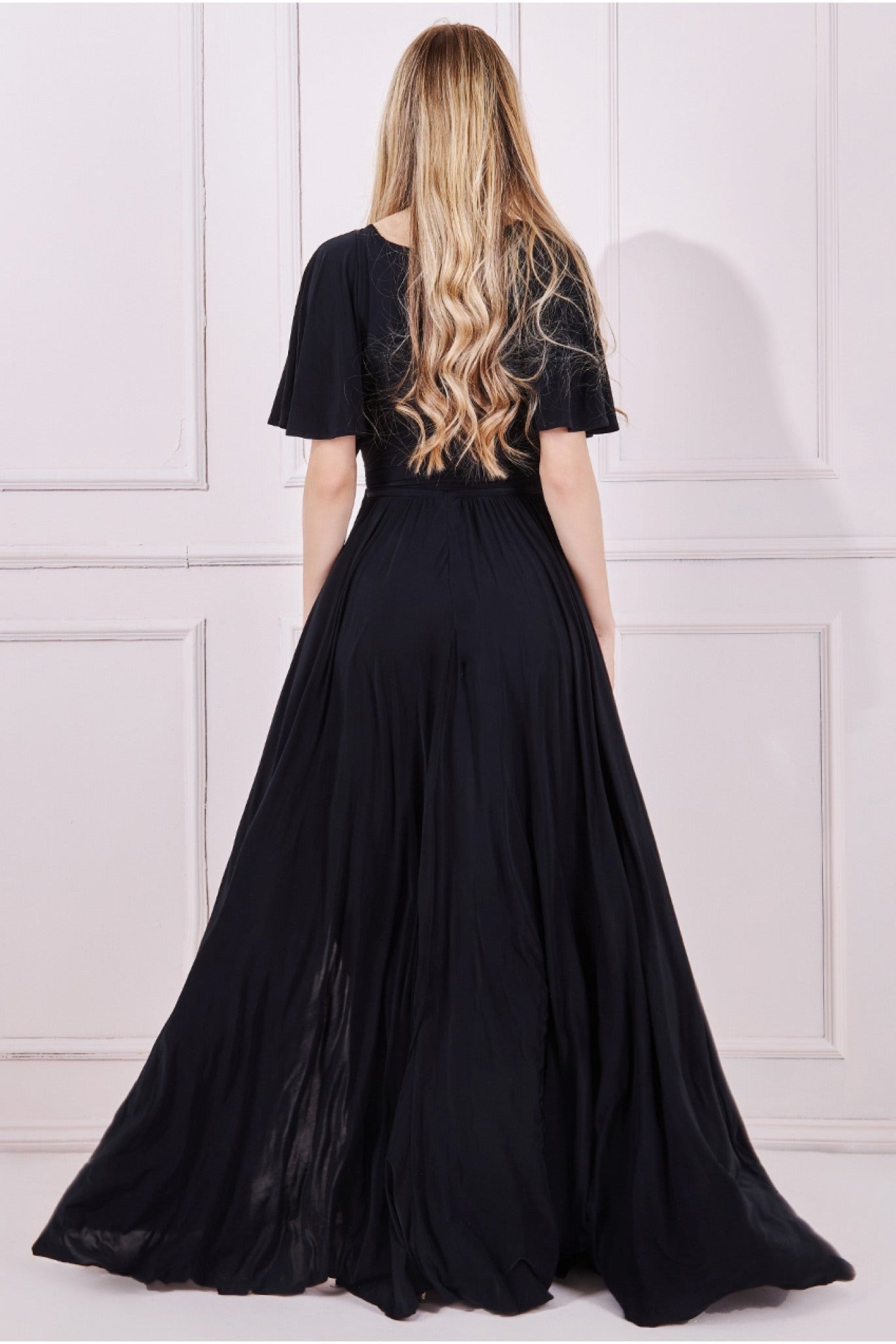 Wrap Front Maxi With Flutter Sleeves - Black DR2565