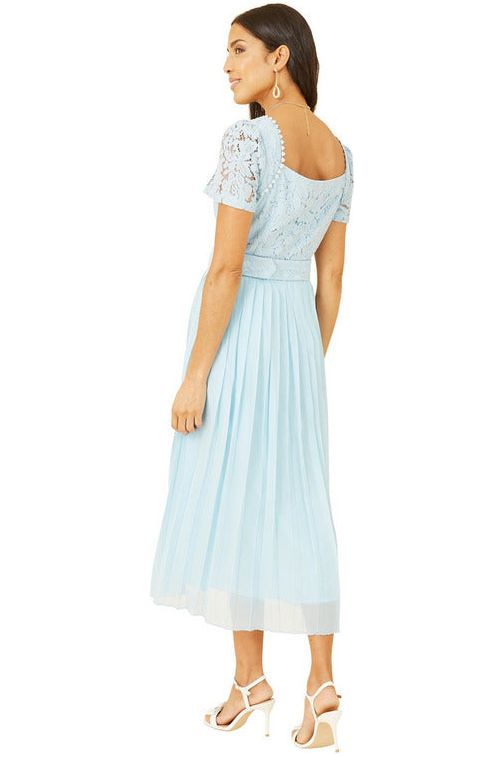Blue Lace Dress With Pleated Skirt and Belt Yumi