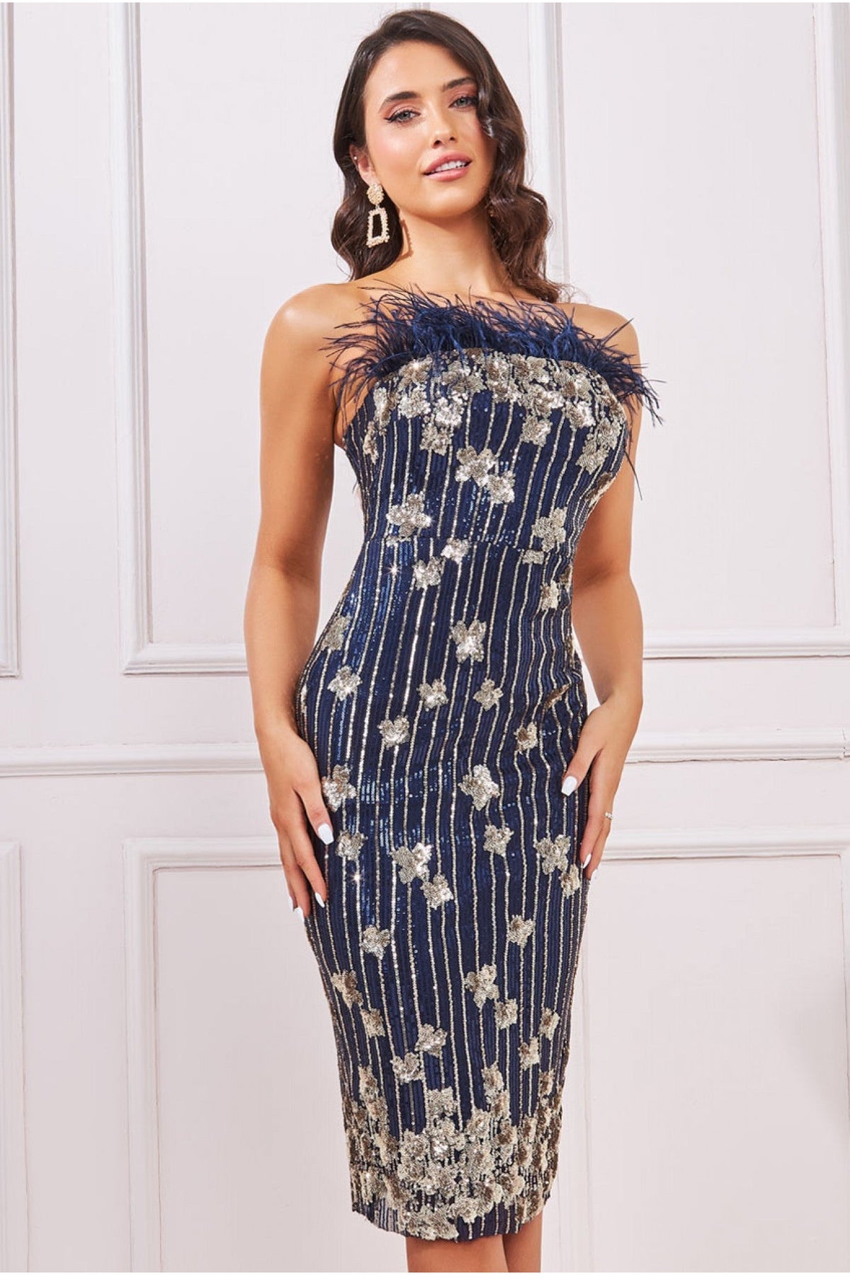 Sequin And Feather Boobtube Midi - Navy DR3783