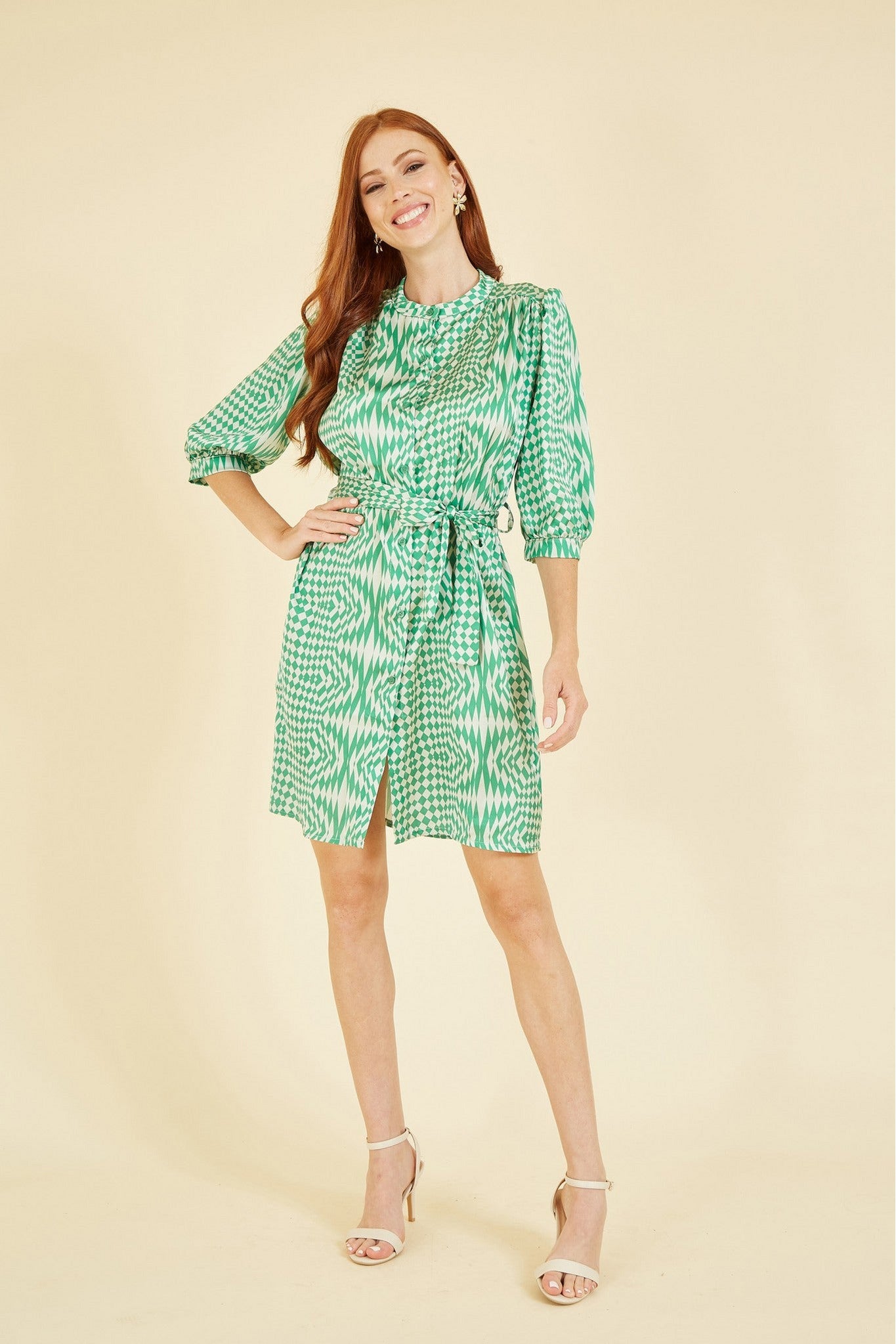 Green Geo Print Shirt Dress YM3824009