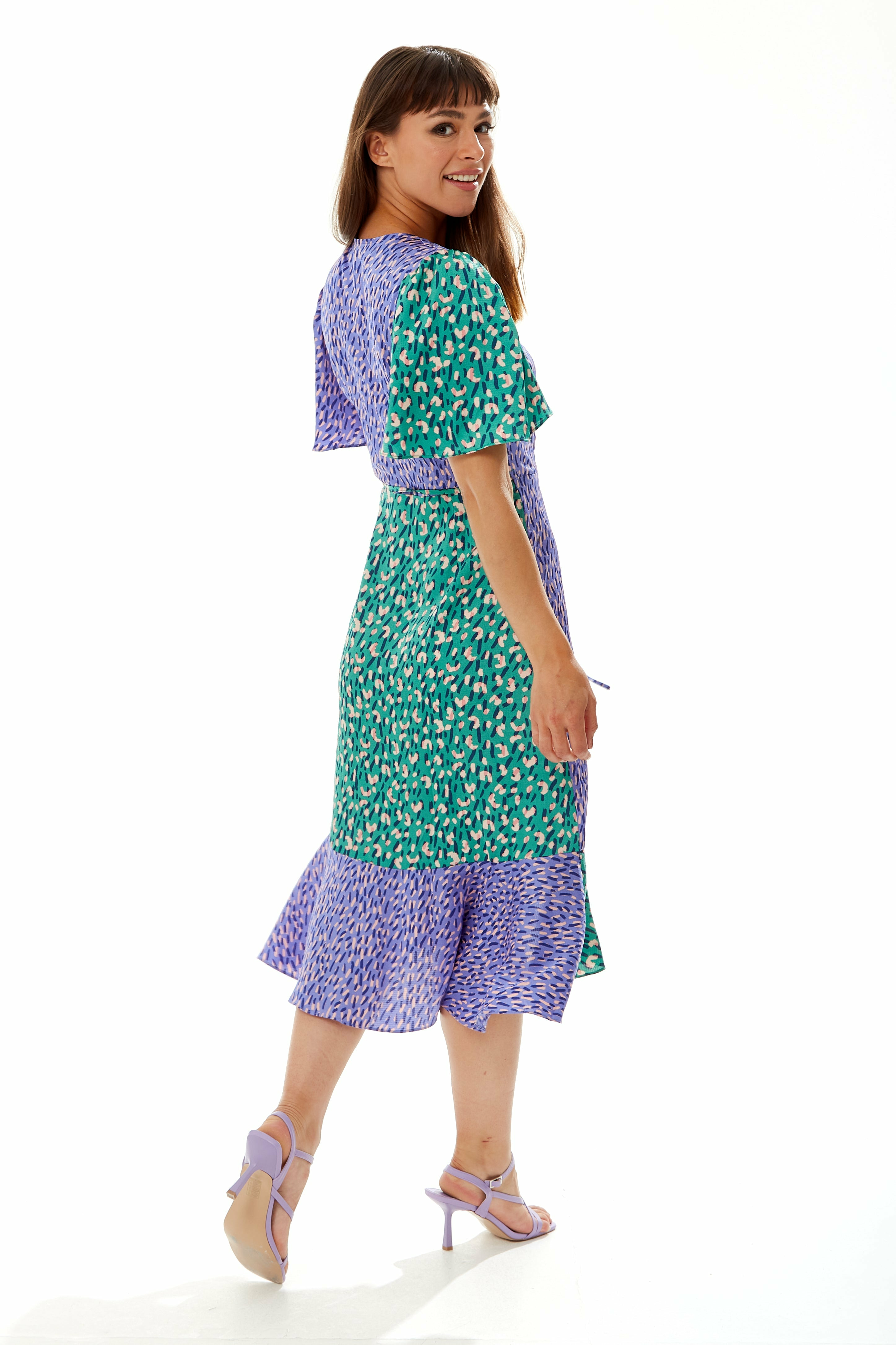Multi Print Midi Wrap Dress In Contrast Colours B7-118-LIQ22-420A