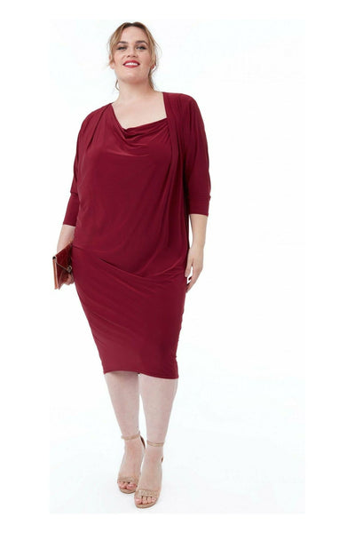 Wine - Loose Fit Midi Dress With Asymmetric Neck - Wine by Goddiva