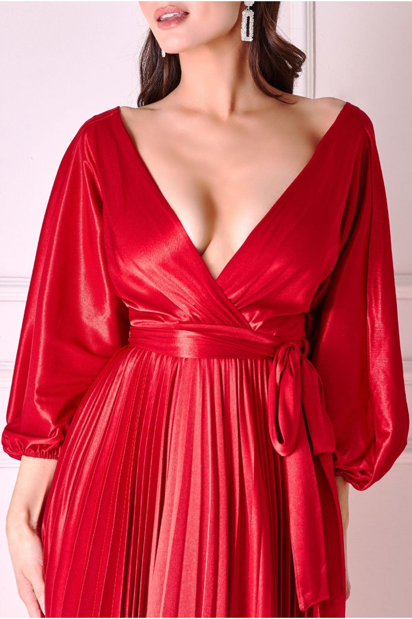 Satin Pleated Skirt Wrap Midi Dress - Red DR3921