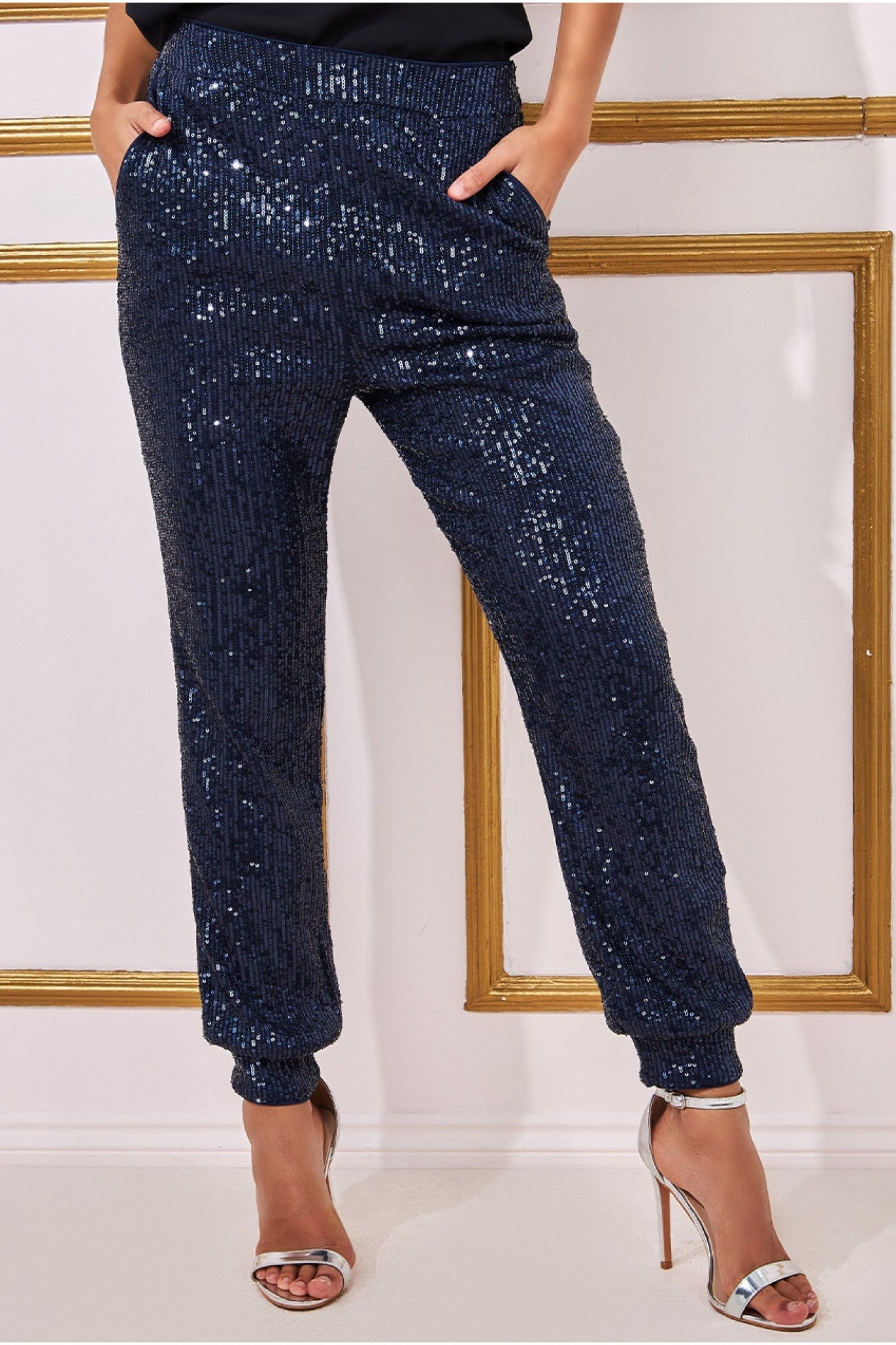 Sequin Cuffed Ankle Trouser - Navy TR360