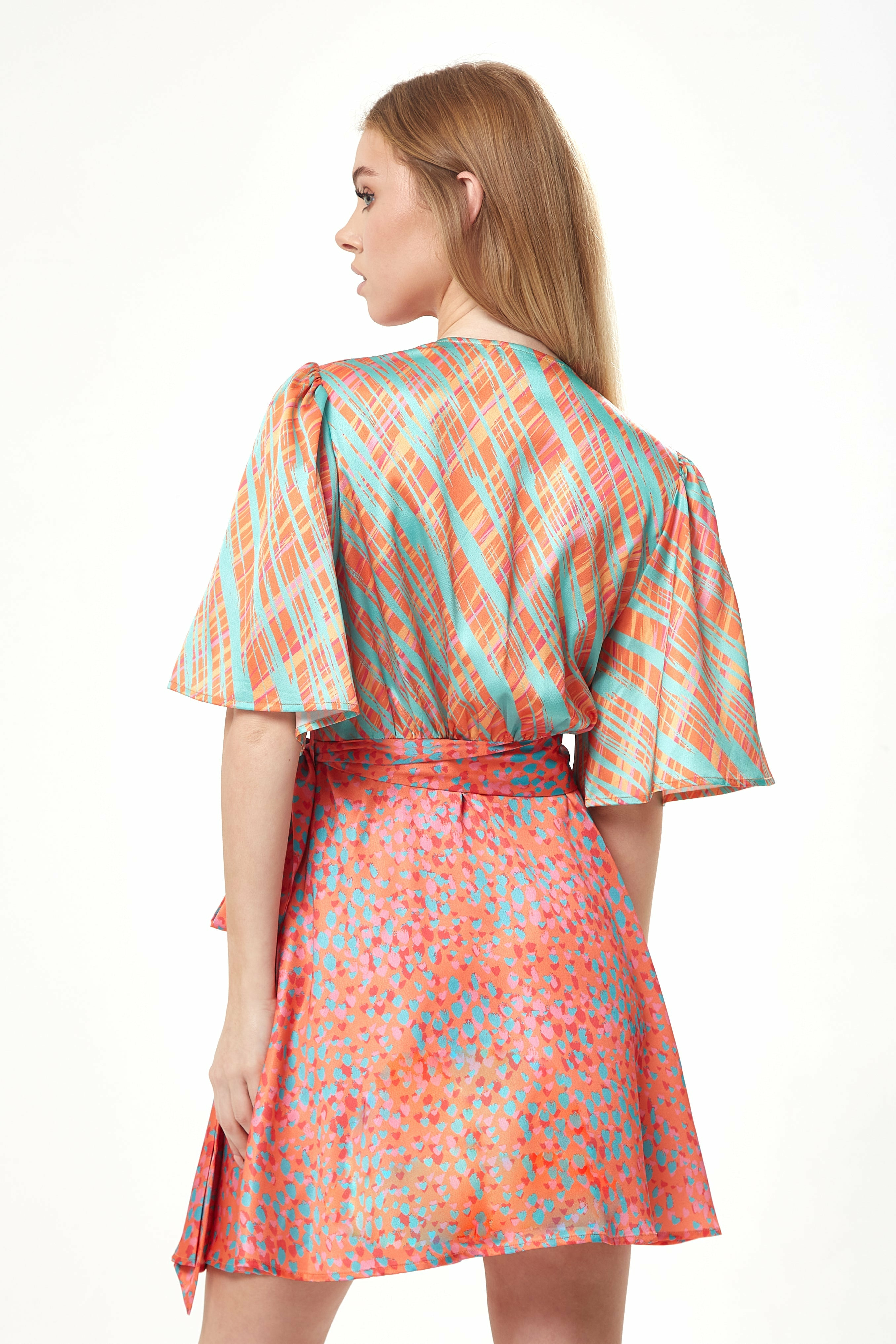 Orange Printed Mini Wrap Dress With Kimono Sleeve LIQ21-279B